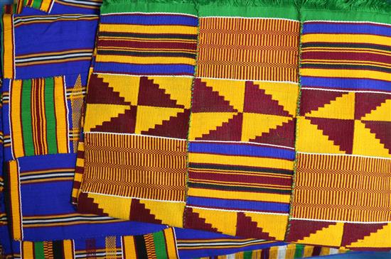 Ashanti textiles, mid 20th century, a full size kente, a full size shawl and a mourning kente